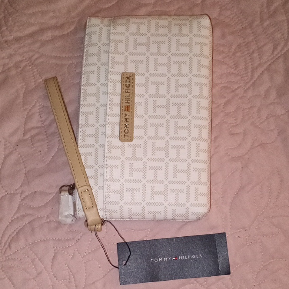 Tommy Hilfiger White and Tan Clutch Wristlet